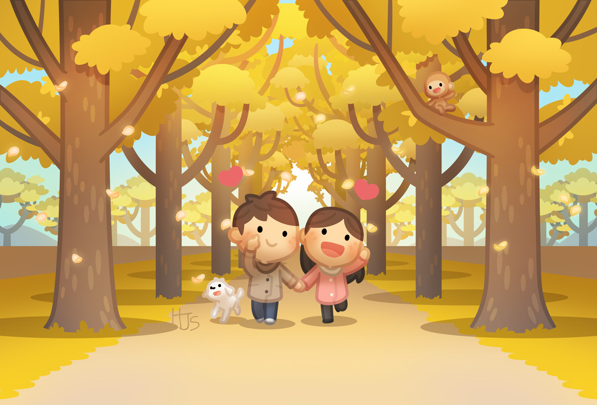 A happy couple and their little white dog walking through a golden autumn forest